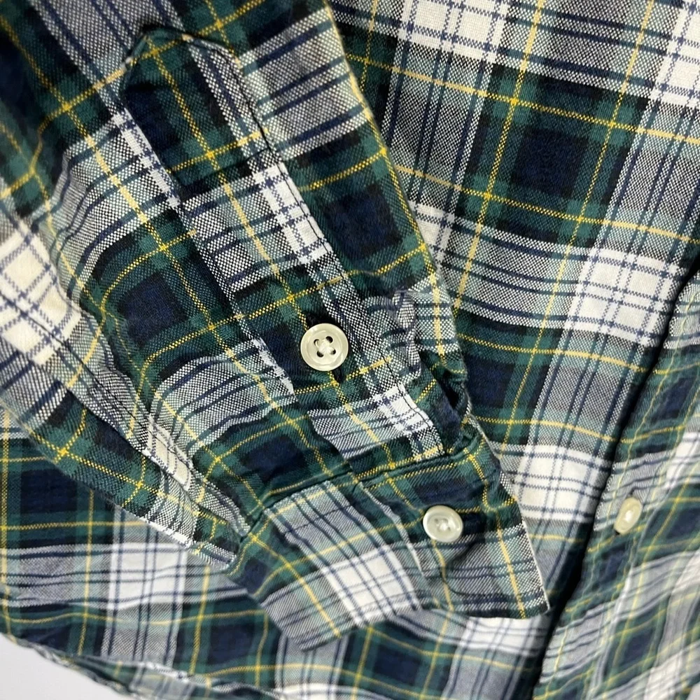 Ralph Lauren Boys Medium Green White Navy Plaid Button Down Shirt